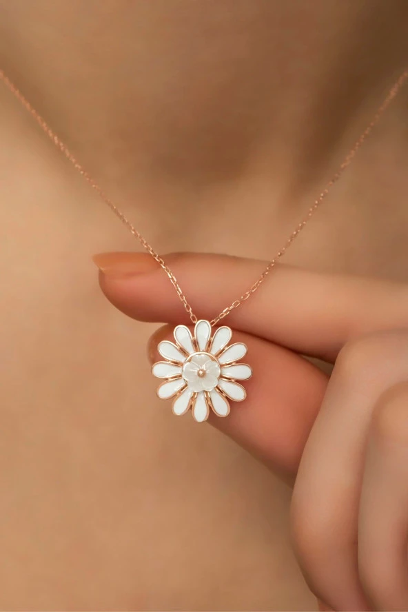 925 Ayar Gümüş Manolya Çiçeği Mineli Papatya Kolye ürün görseli