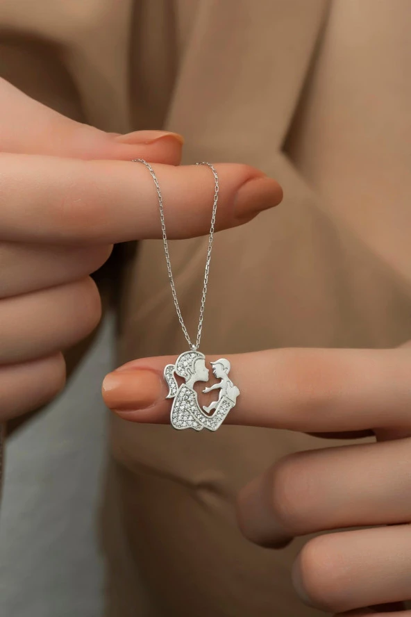 925 Ayar Gümüş Zirkon Taşlı Rodyumlu Anne Bebek Kolye ürün görseli