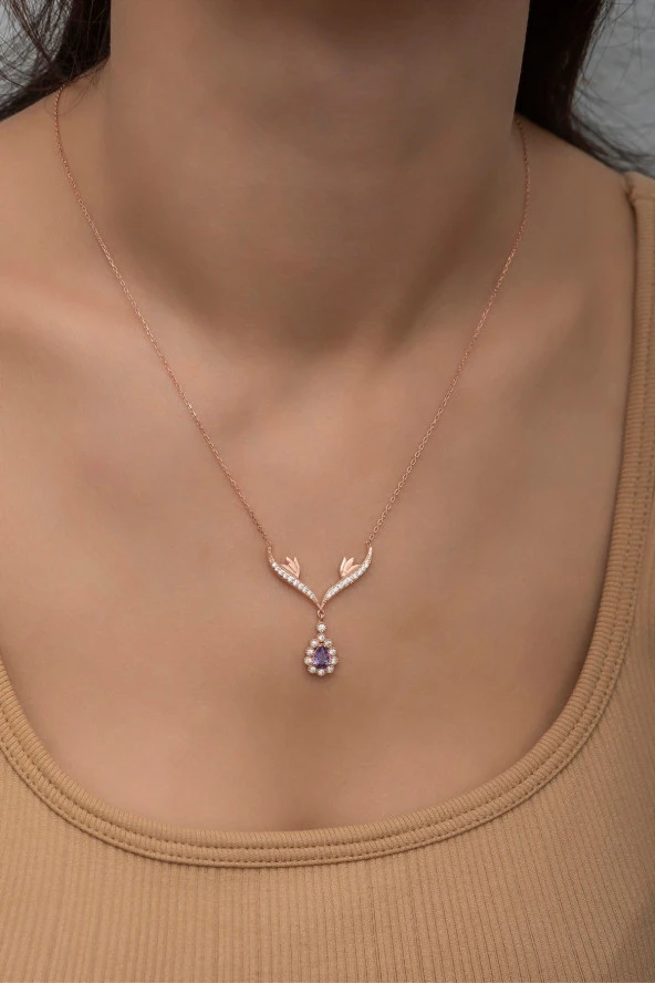 925 Ayar Gümüş Mor Damla Tasarım Taşlı Kolye ürün görseli