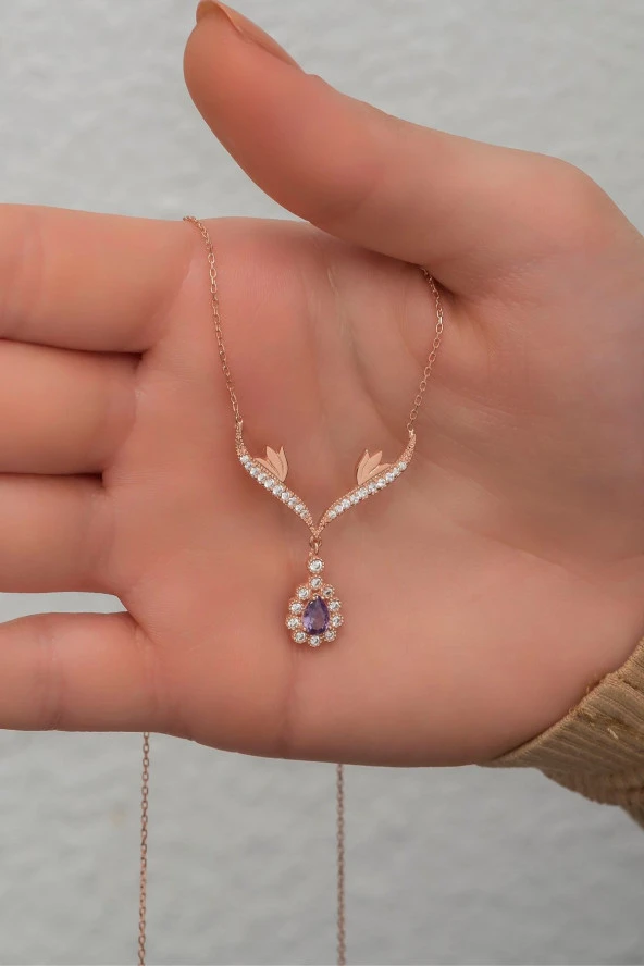 925 Ayar Gümüş Mor Damla Tasarım Taşlı Kolye - Resim 2