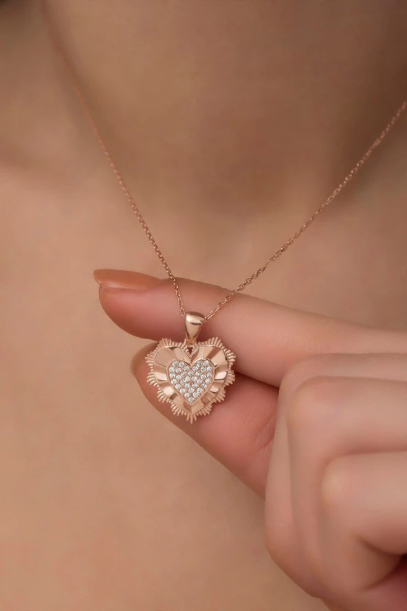 925 Ayar Gümüş Kalemli Zirkon Taşlı Kalp Kolye - Resim 2