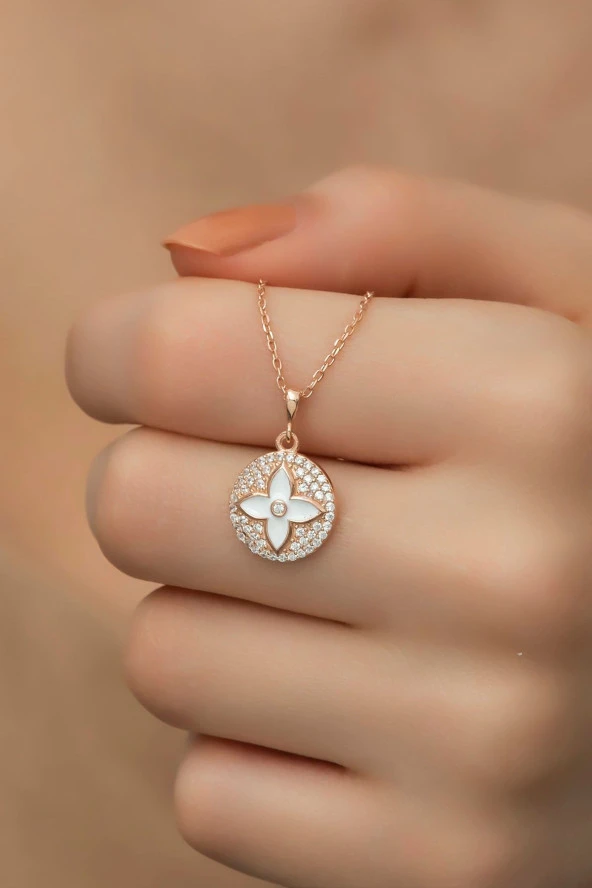 925 Ayar Gümüş Beyaz Mineli Rüzgar Gülü Kolye - Resim 2