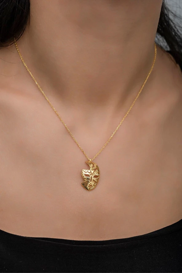 925 Ayar Gümüş Gold Rengi Maske Kolye
