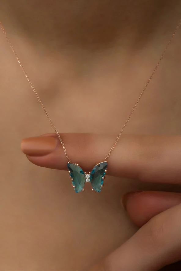 925 Ayar Gümüş Mavi Zirkon Taşlı Kelebek Kolye ürün görseli