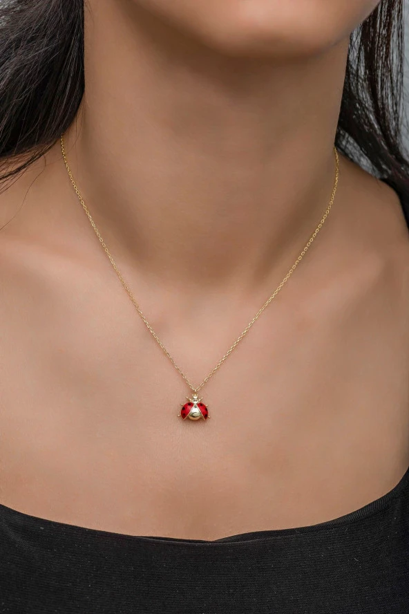 925 Ayar Gümüş Gold Mineli Uğur Böceği Kolye - Resim 2