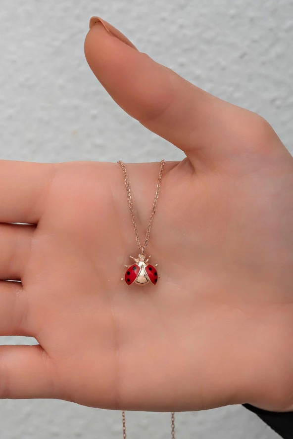 925 Ayar Gümüş Rose Mineli Uğur Böceği Kolye ürün görseli