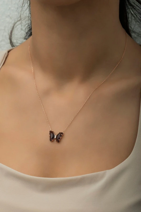 925 Ayar Gümüş Mor Zirkon Taşlı Kelebek Kolye ürün görseli