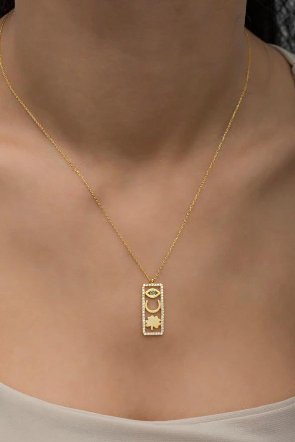 925 Ayar Gümüş Gold Şans Figürlü Şans Kolye ürün görseli