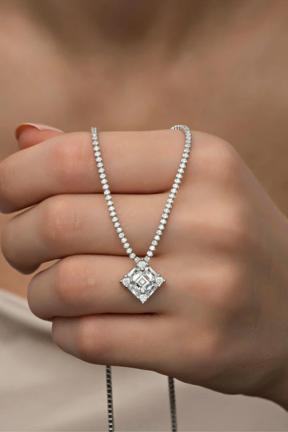 925 Ayar Gümüş Baget Taşlı Kare Tasarım Suyolu Kolye - Resim 2