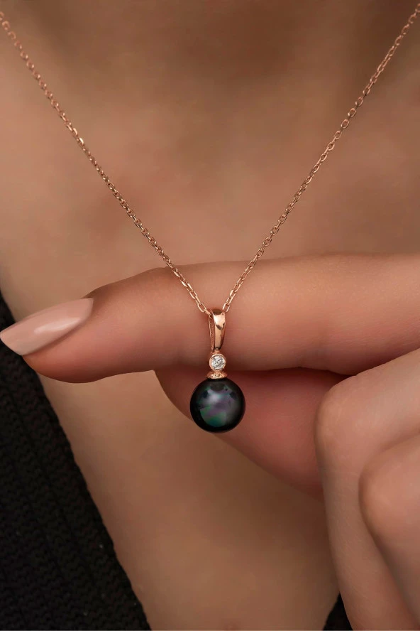 925 Ayar Gümüş Yuvarlak Siyah Barok İnci Kolye ürün görseli