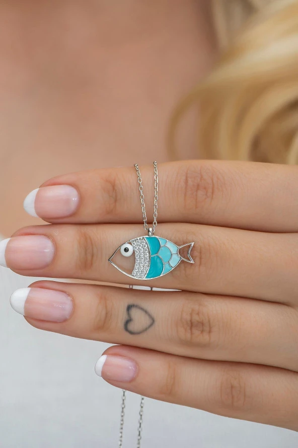 925 Ayar Gümüş Turkuaz Mineli Balık Kolye ürün görseli