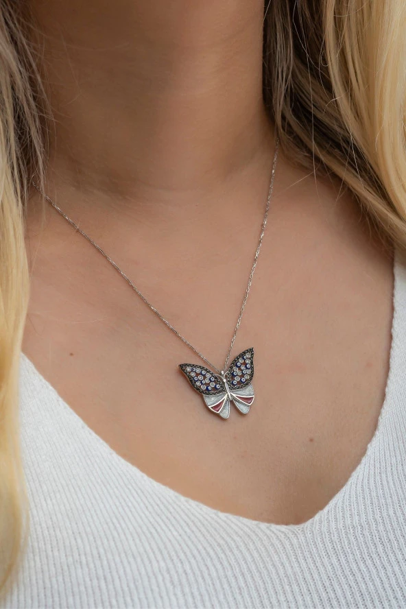 925 Ayar Gümüş Siyah Taşlı Mineli Kelebek Kolye ürün görseli