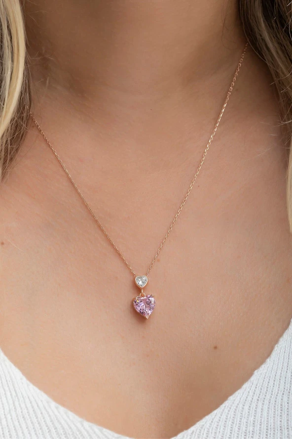 925 Ayar Gümüş Pembe Taşlı Çift Kalp Tasarım Kolye ürün görseli