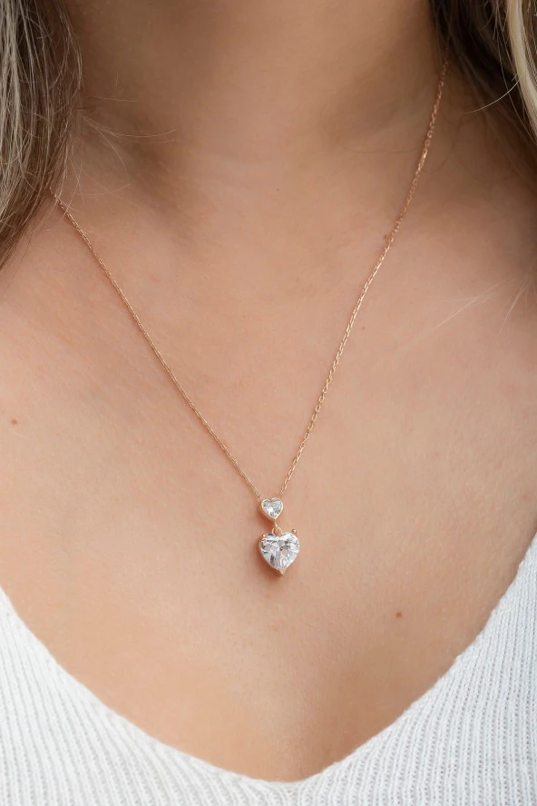 925 Ayar Gümüş Beyaz Taşlı Çift Kalp Tasarım Kolye ürün görseli