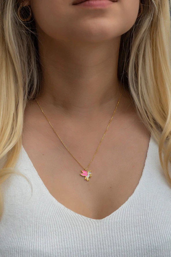 925 Ayar Gümüş Gold Pembe Mineli Unicorn Kolye ürün görseli