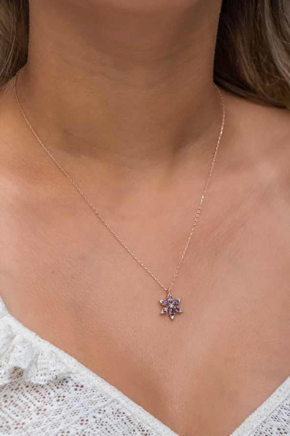 925 Ayar Gümüş Mor Taşlı Lotus Kamelya Çiçeği Kolye ürün görseli