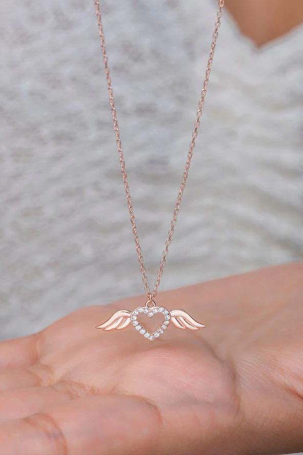 925 Ayar Gümüş Rose Minik Uçuşan Kalp Kolye ürün görseli