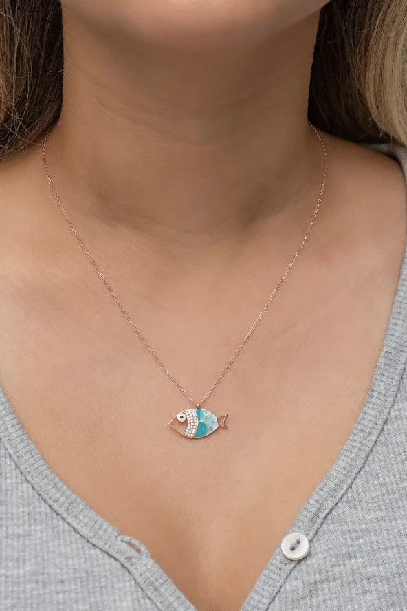 925 Ayar Gümüş Rose Turkuaz Mineli Balık Kolye ürün görseli
