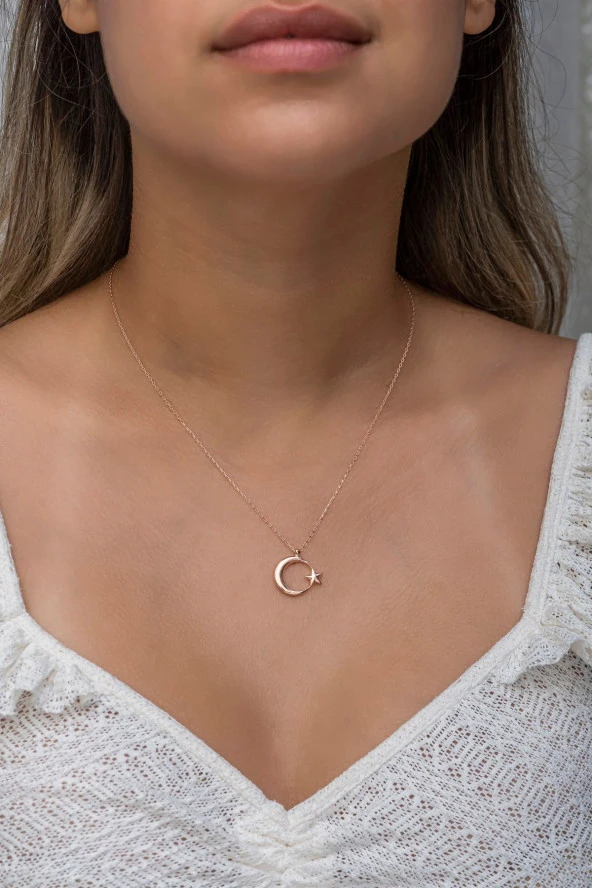 925 Ayar Gümüş Rose Sade Taşsız Ayyıldız Kolye ürün görseli