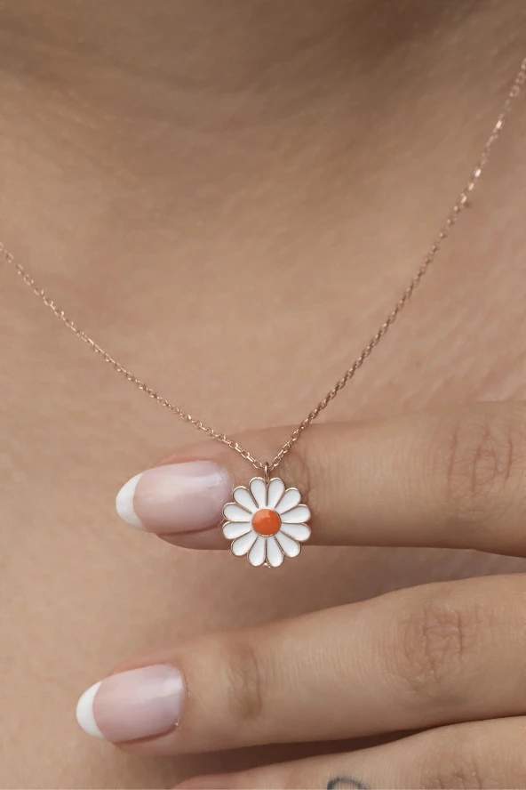 925 Ayar Gümüş Rose Mineli Papatya Kolye ürün görseli