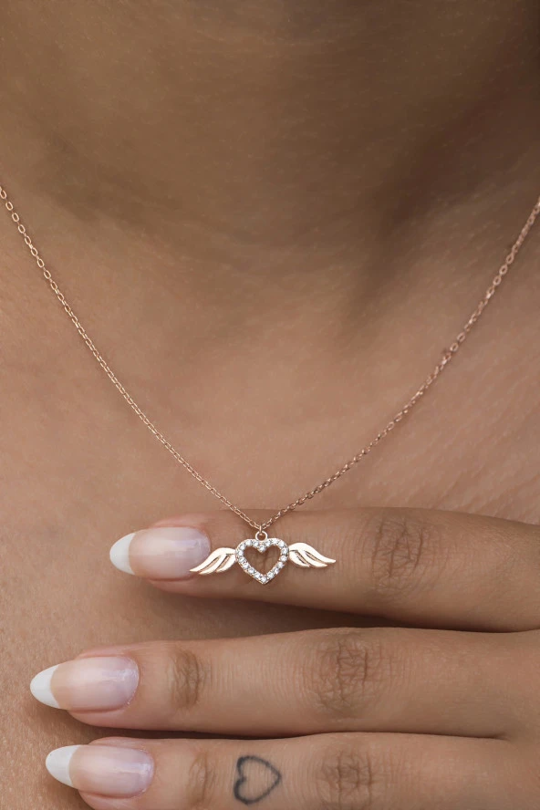 925 Ayar Gümüş Rose Minik Uçuşan Kalp Kolye - Resim 2