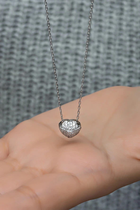 925 Ayar Gümüş Zirkon Taşlı 3 Boyutlu Charm Kalp Kolye ürün görseli