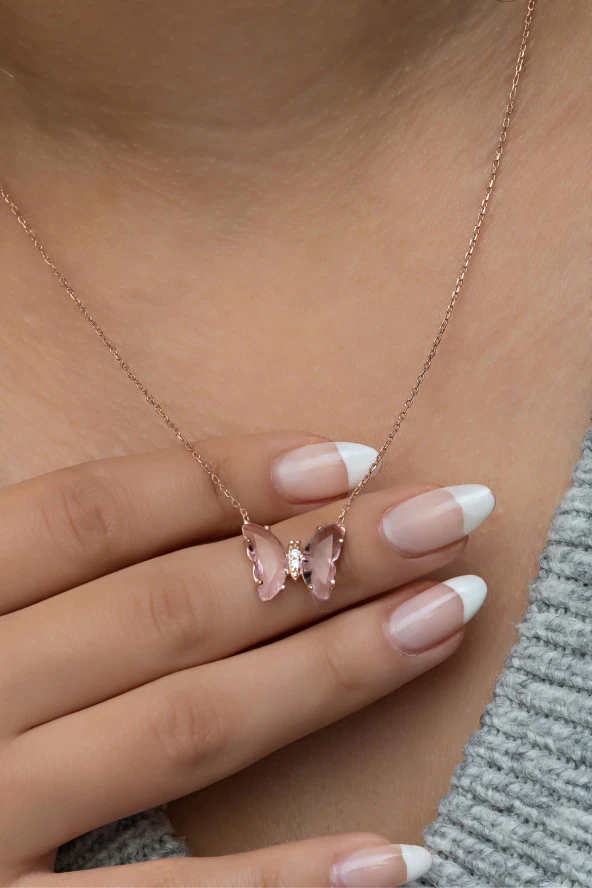 925 Ayar Gümüş Pembe Zirkon Taşlı Kelebek Kolye ürün görseli