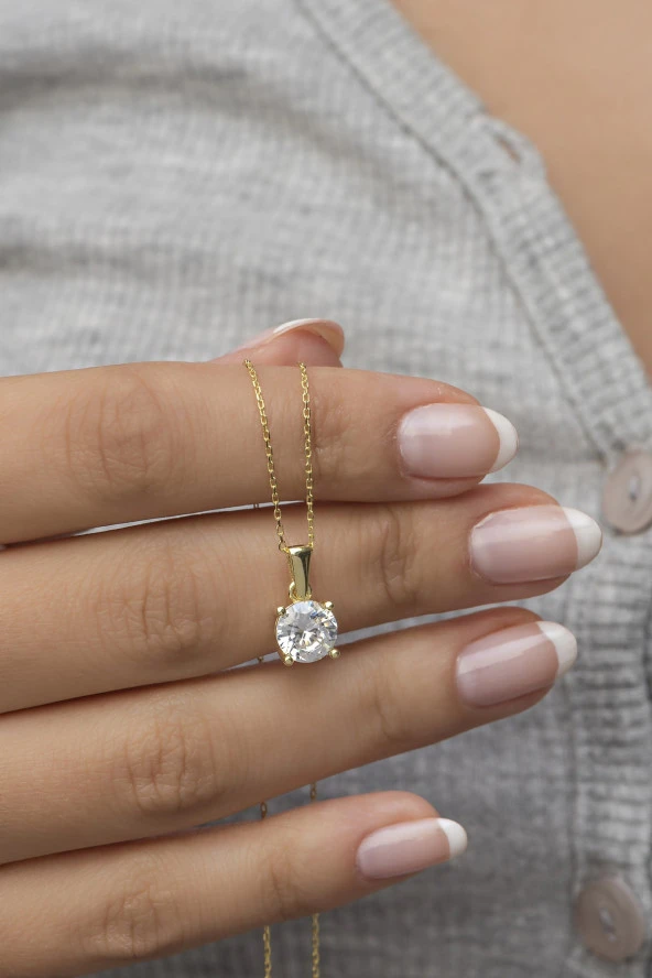 925 Ayar Gümüş Gold Tektaş Tasarım Kolye ürün görseli