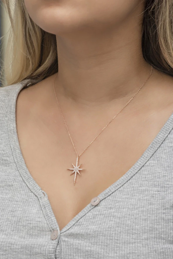 925 Ayar Gümüş Rose zirkon Taşlı Kutup Yıldızı Kolye ürün görseli