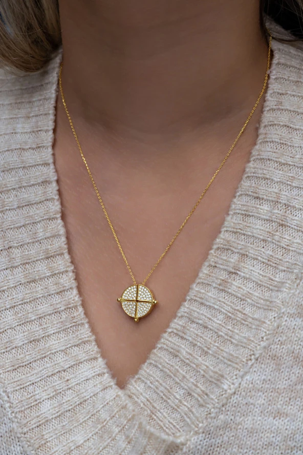 925 Ayar Gümüş Mıknatıslı Ayrılabilir Gold Daire Kolye - Resim 2