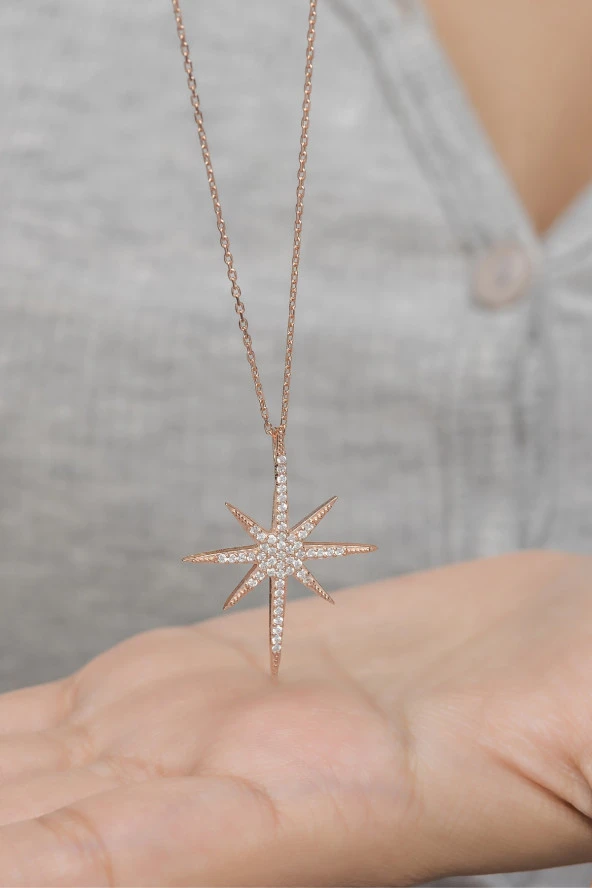 925 Ayar Gümüş Rose zirkon Taşlı Kutup Yıldızı Kolye - Resim 2