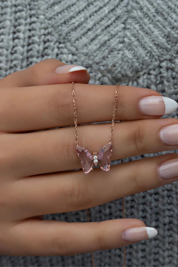 925 Ayar Gümüş Pembe Zirkon Taşlı Kelebek Kolye - Resim 2