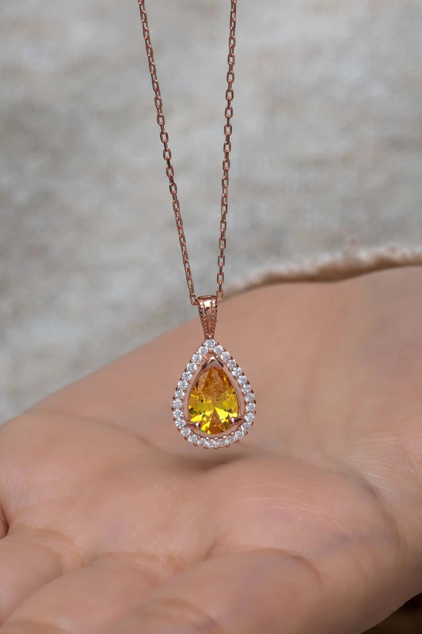 925 Ayar Gümüş Sarı Taşlı Damla Taşlı Tasarım Kolye ürün görseli