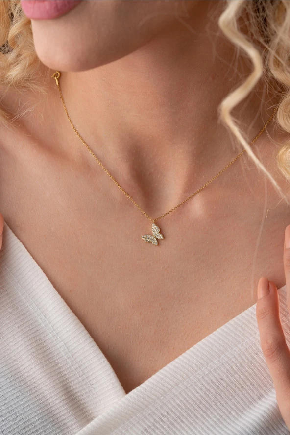 925 Ayar Gümüş Gold Zirkon Taşlı Minik Kelebek Kolye ürün görseli