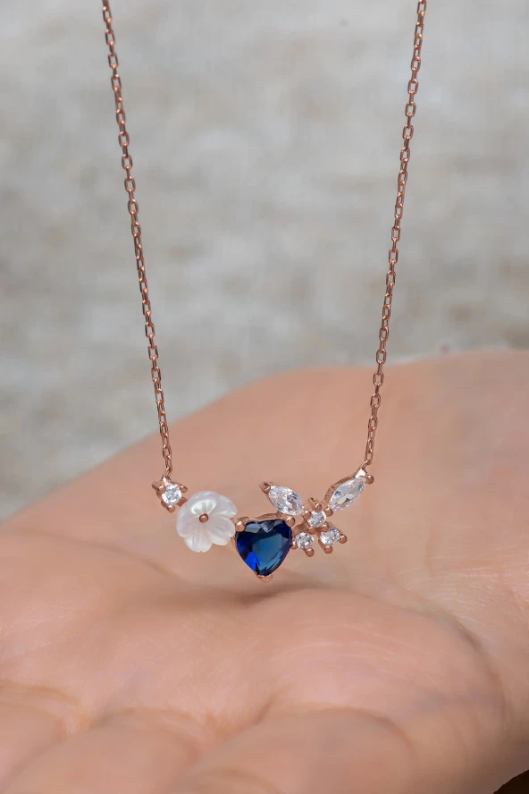 925 Ayar Gümüş Manolya Çiçeği Mavi Taşlı Kalp Yusufcuk Kolye - Resim 2