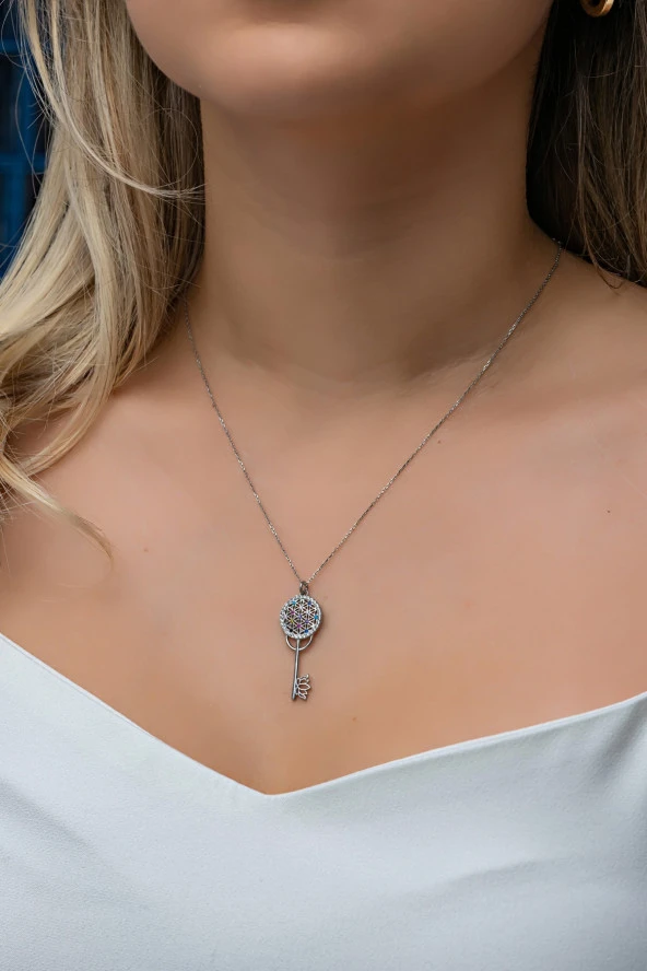 925 Ayar Gümüş Royumlu Mix Taşlı Anahtar Kolye - Resim 2