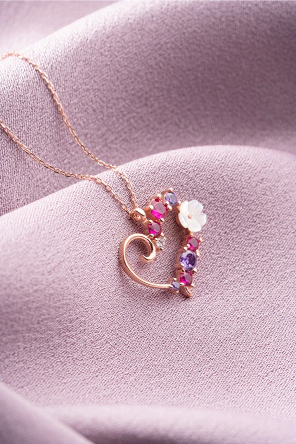 925 Ayar Gümüş Manolya Çiçeği Renkli Taşlı Kalp Kolye ürün görseli