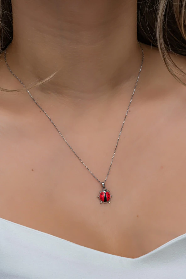 925 Ayar Gümüş Rodyumlu Kırmızı Mineli Uğur Böceği Kolye ürün görseli