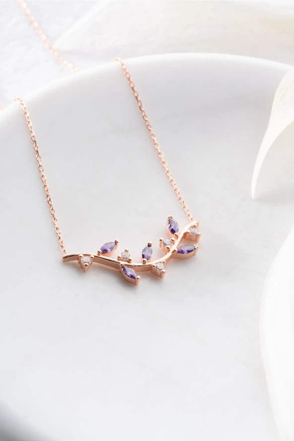 925 Ayar Gümüş Mor Taşlı Zeytin Dalı Model Kolye ürün görseli