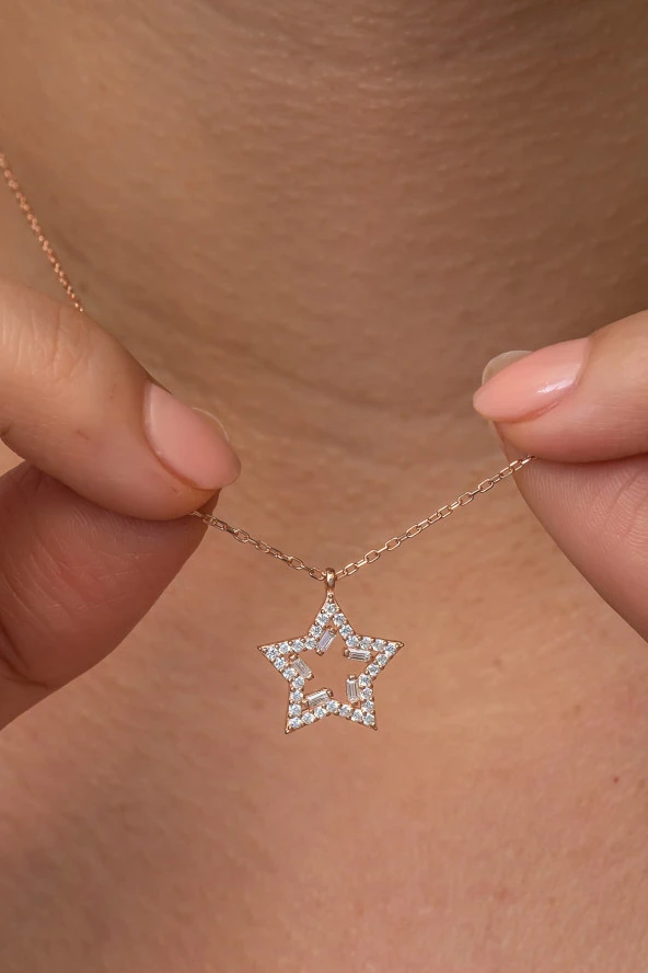 925 Ayar Gümüş Rose Kaplama Baget Taşlı Yıldız Kolye ürün görseli