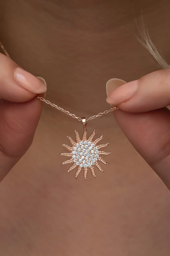 925 Ayar Gümüş Rose Kaplama Zirkon Taşlı Güneş Model Kolye ürün görseli