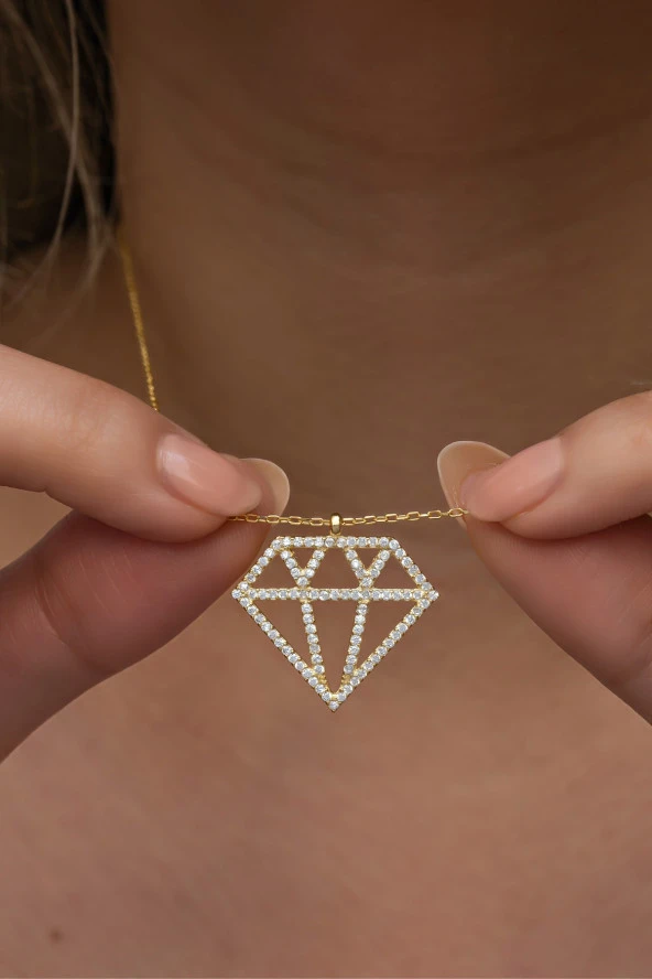 925 Ayar Gümüş Gold Kaplama Elmas Model Kolye ürün görseli