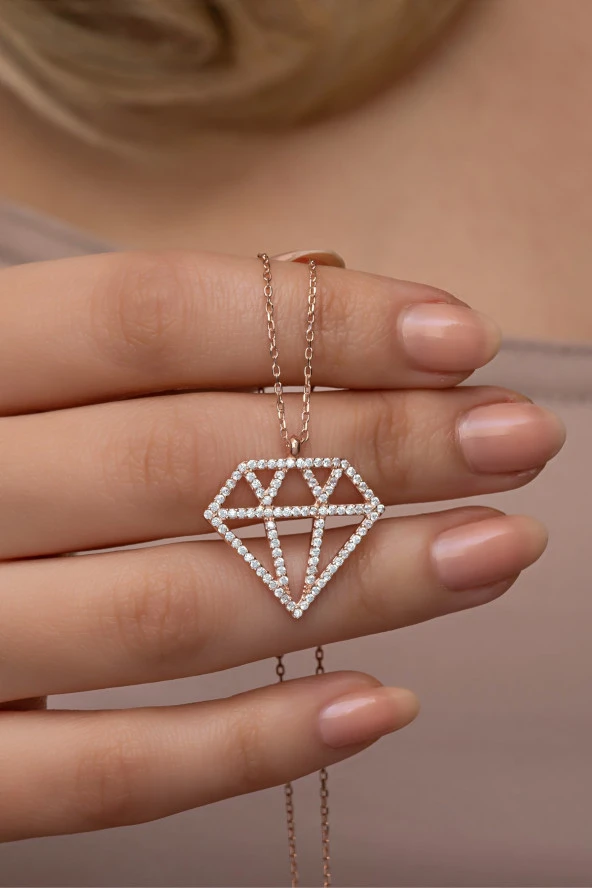 925 Ayar Gümüş Rose Kaplama Elmas Model Kolye ürün görseli