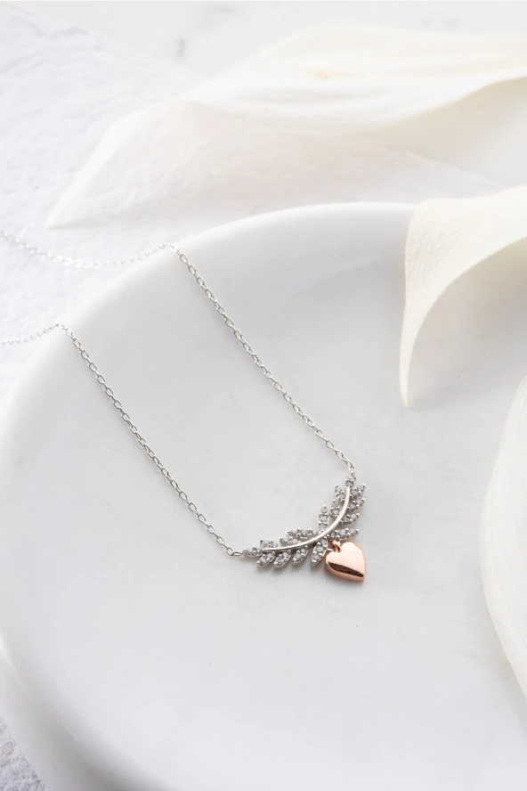 925 Ayar Gümüş Sallantılı Kalpli Zeytin Dalı Kolye - Resim 2