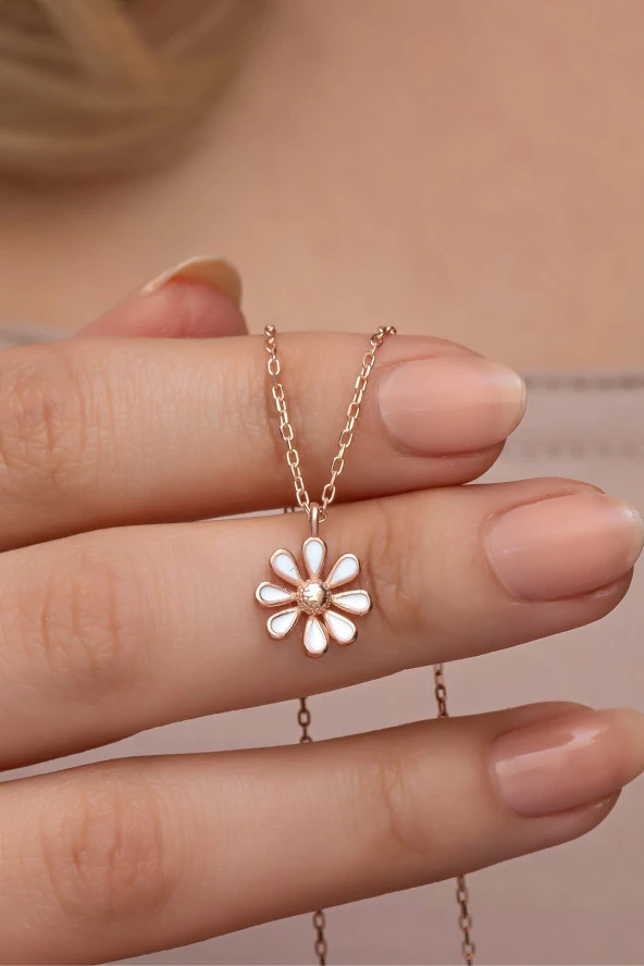 925 Ayar Gümüş Rose Kaplama Minimal Mineli Papatya Kolye ürün görseli