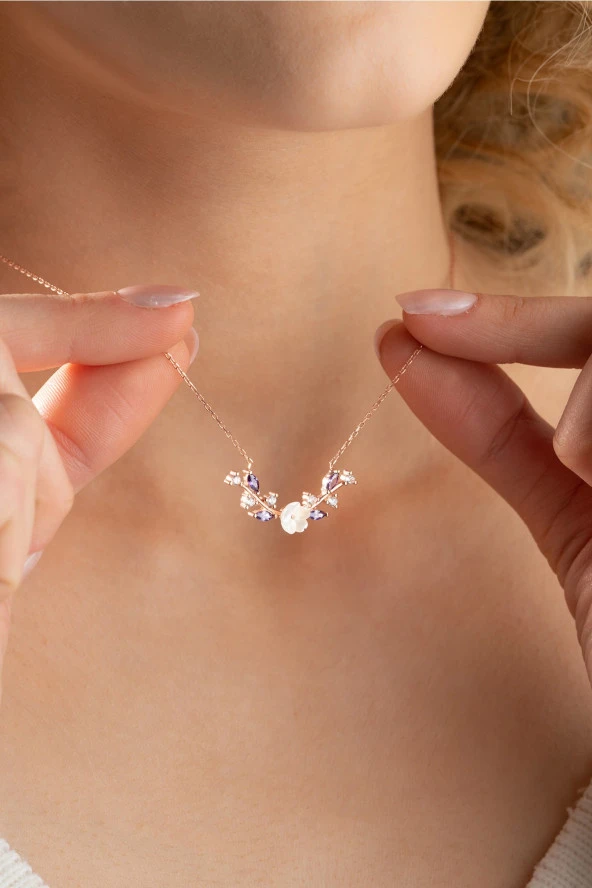 925 Ayar Gümüş Mor Taşlı Manolya Çiçeği Zeytin Dalı Model Kolye - Resim 2