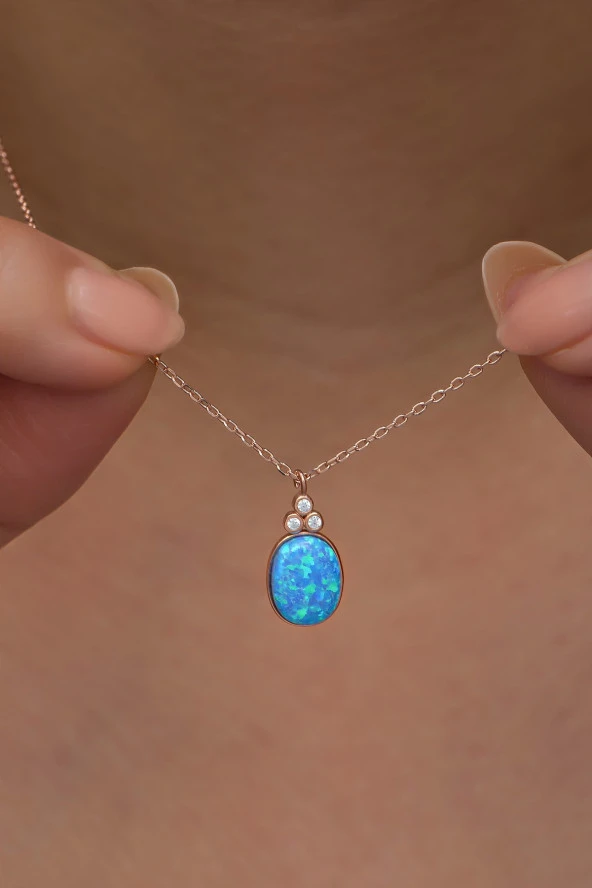 925 Ayar Gümüş Rose Kaplama Oval Mavi Opal Taşlı  Kolye ürün görseli