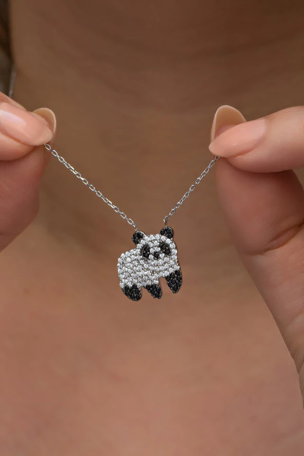 925 Ayar Gümüş Rodyum Kaplama Zirkon Taşlı Panda Kolye ürün görseli