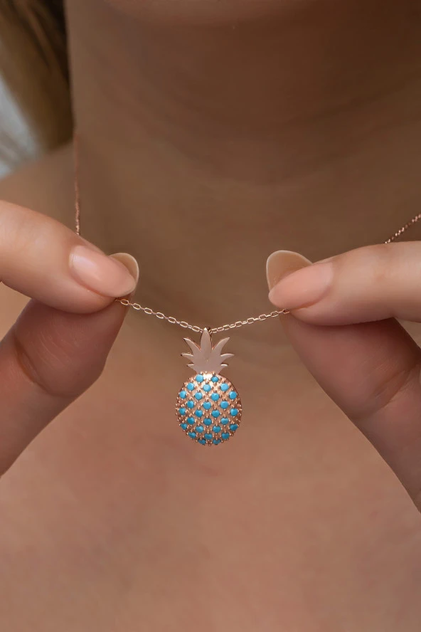 925 Ayar Gümüş Rose Kaplama Turkuaz Taşlı Ananas Kolye ürün görseli