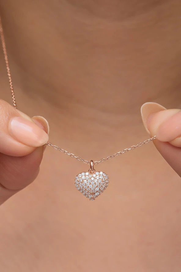 925 Ayar Gümüş Rose Kaplama Zirkon Taşlı Minimal Kalp Kolye ürün görseli